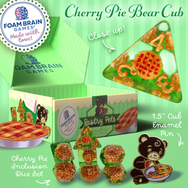 Foam Brains - PASTRY PETS: CHERRY PIE BEAR CUB - PIN & RPG DICE SET