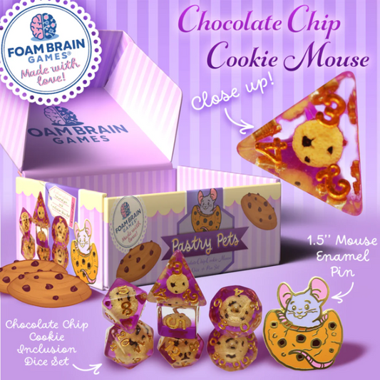 Foam Brains - PASTRY PETS: CHOCOLATE CHIP COOKIE MOUSE - PIN & RPG DICE SET