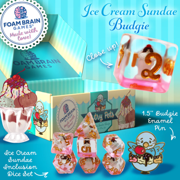 Foam Brains - PASTRY PETS: ICE CREAM SUNDAE BUDGIE - PIN & RPG DICE SET