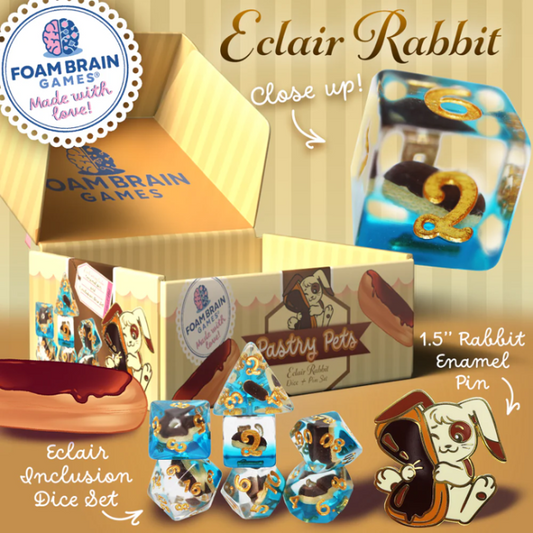 Foam Brains - PASTRY PETS: ECLAIR RABBIT - PIN & RPG DICE SET