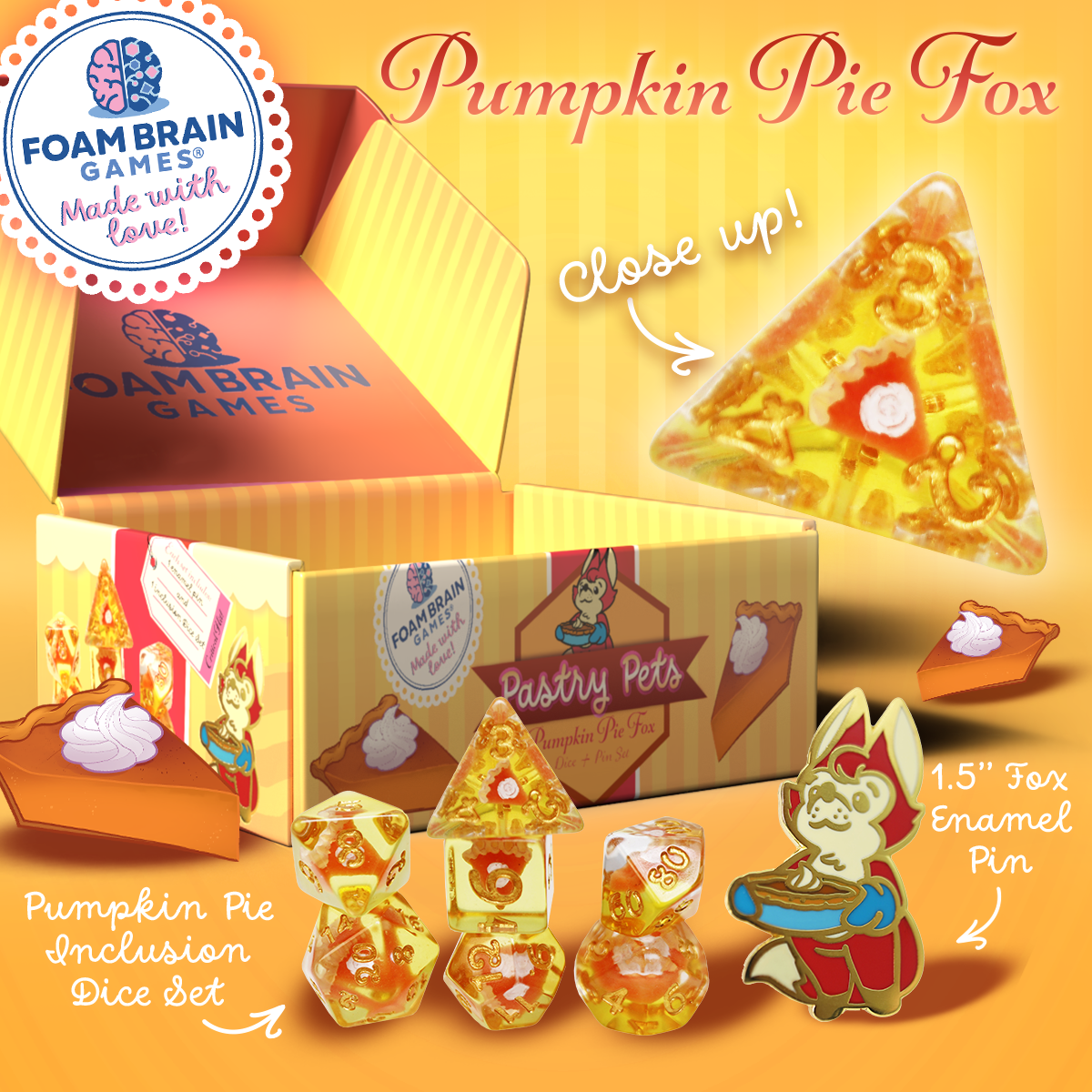 Foam Brains - PASTRY PETS: PUMPKIN PIE FOX - PIN & RPG DICE SET
