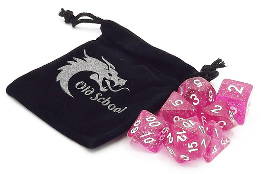 Old School 7 Piece DnD RPG Dice Set: Sparkle - Translucent Pink