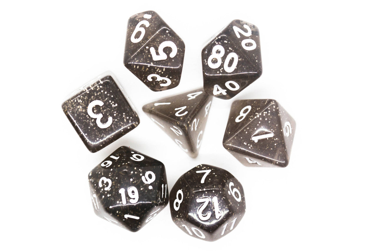 Old School 7 Piece DnD RPG Dice Set: Sparkle - Translucent Black