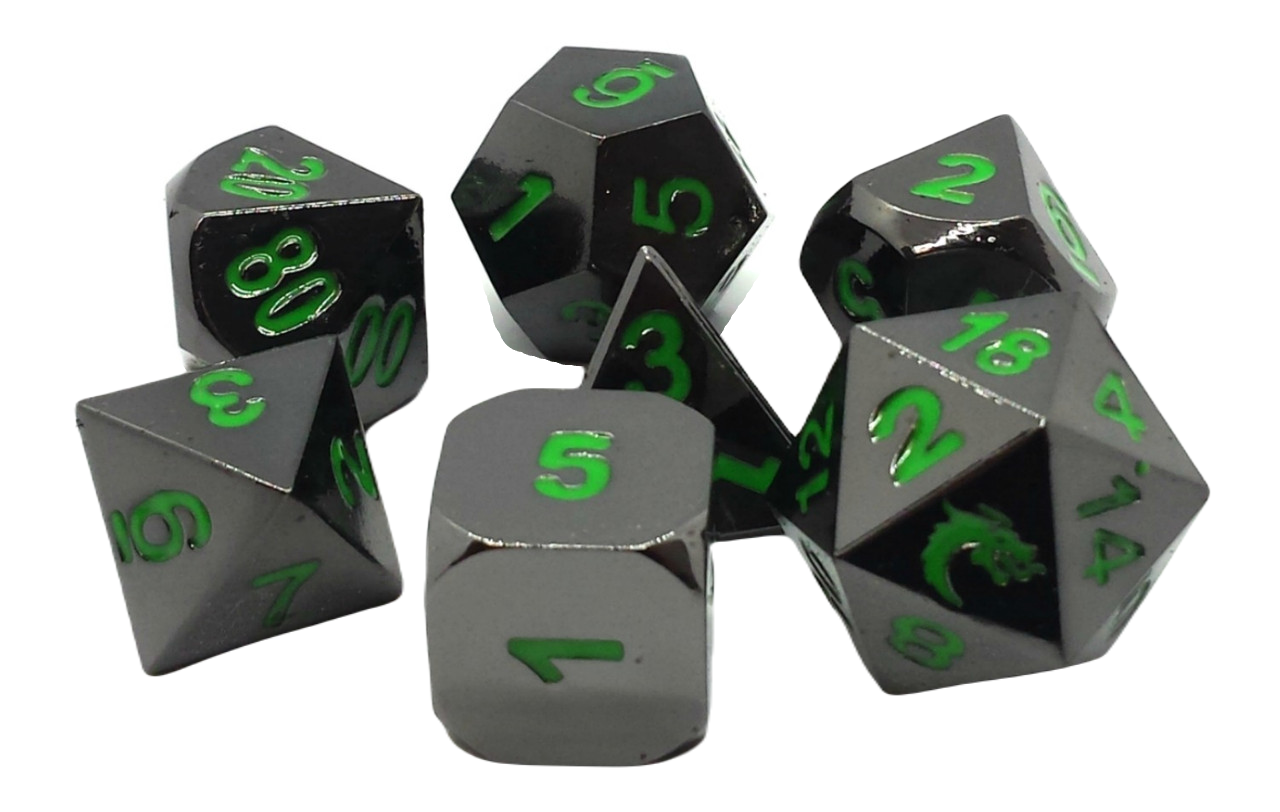Old School 7 Piece DnD RPG Metal Dice Set: Halfling Forged - Black Nickel w/ Green