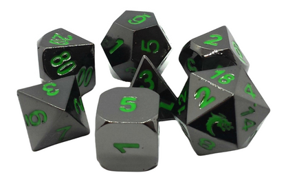 Old School 7 Piece DnD RPG Metal Dice Set: Halfling Forged - Black Nickel w/ Green