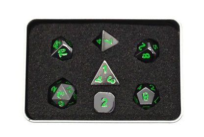 Old School 7 Piece DnD RPG Metal Dice Set: Halfling Forged - Black Nickel w/ Green