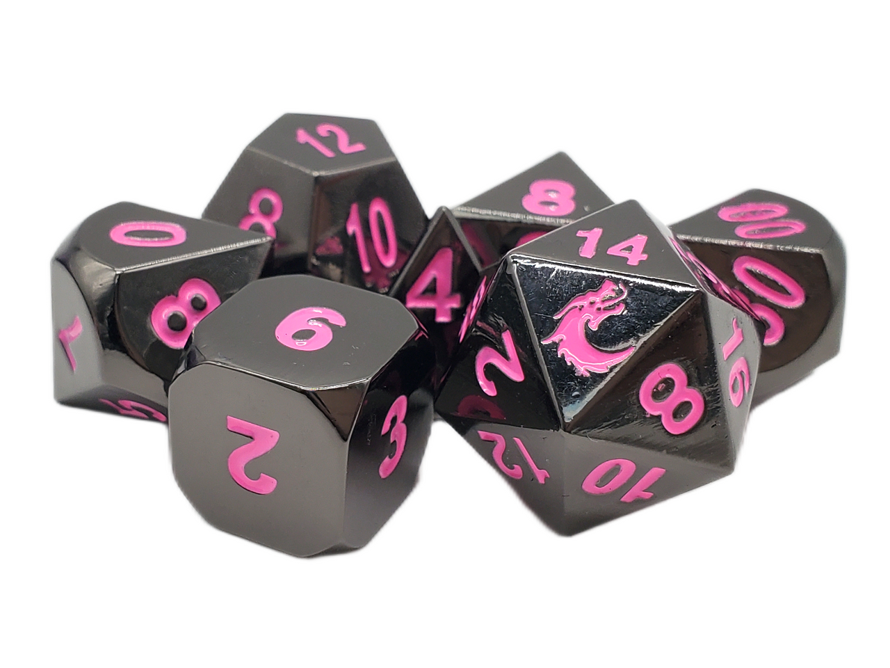 Old School 7 Piece DnD RPG Metal Dice Set: Halfling Forged - Black Nickel w/ Pink