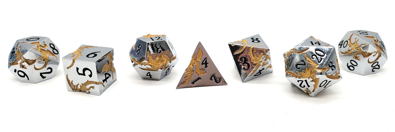 Old School 7 Piece DnD RPG Metal Dice Set: Soaring Dragon - Silver w/ Gold