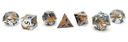 Old School 7 Piece DnD RPG Metal Dice Set: Soaring Dragon - Silver w/ Gold