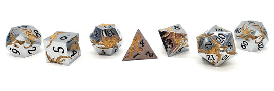 Old School 7 Piece DnD RPG Metal Dice Set: Soaring Dragon - Silver w/ Gold