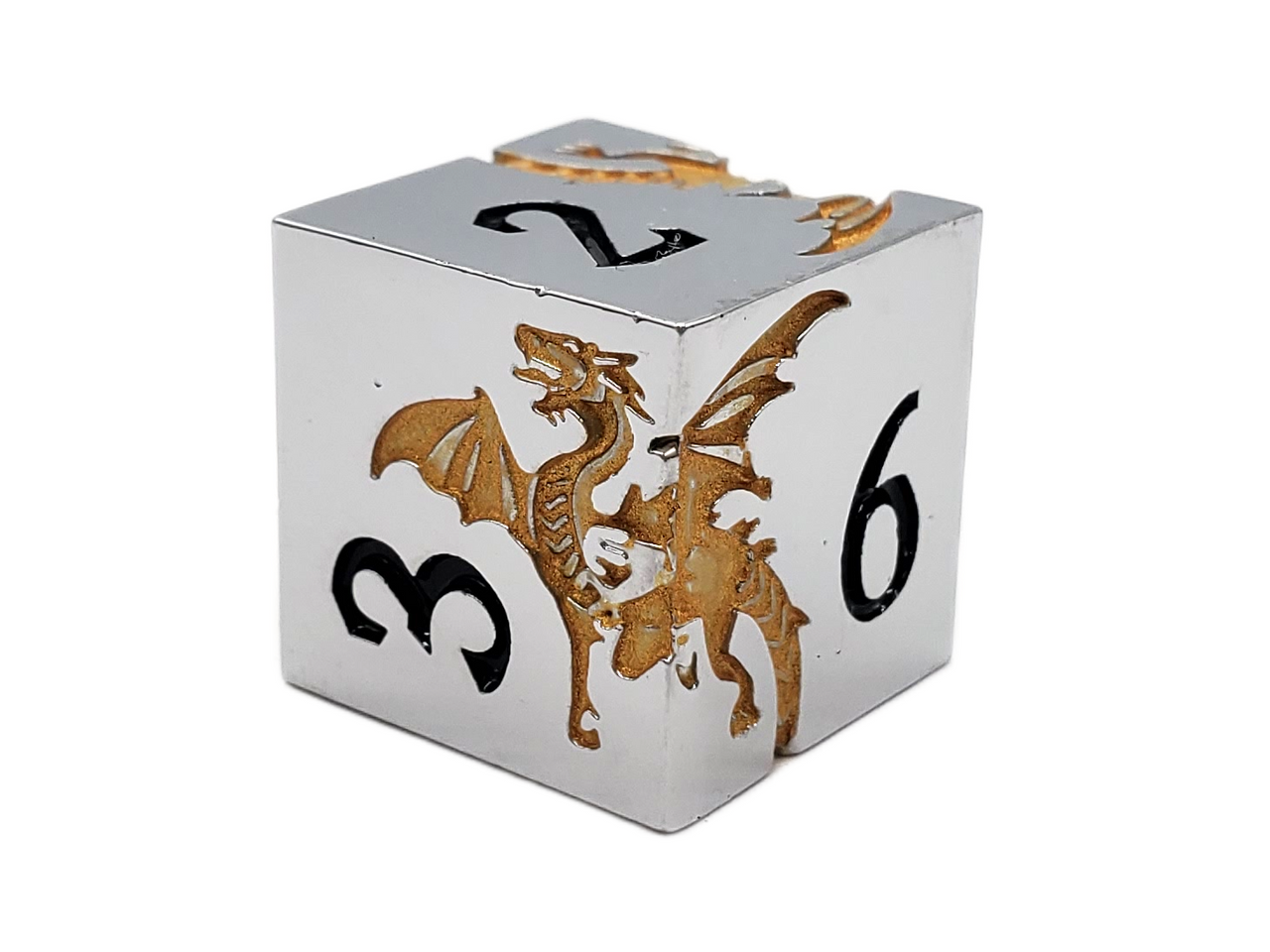 Old School 7 Piece DnD RPG Metal Dice Set: Soaring Dragon - Silver w/ Gold