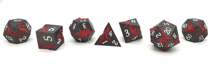 Old School 7 Piece DnD RPG Metal Dice Set: Soaring Dragon - Matte Black w/ Red