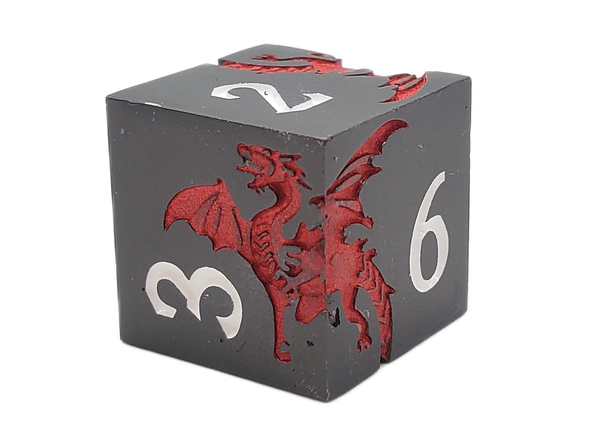 Old School 7 Piece DnD RPG Metal Dice Set: Soaring Dragon - Matte Black w/ Red