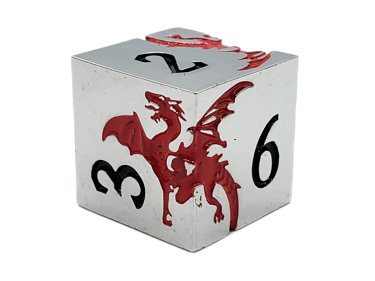 Old School 7 Piece DnD RPG Metal Dice Set: Soaring Dragon - Silver w/ Red