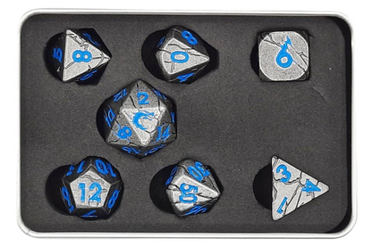 Old School 7 Piece DnD RPG Metal Dice Set: Orc Forged - Ancient Silver w/ Blue
