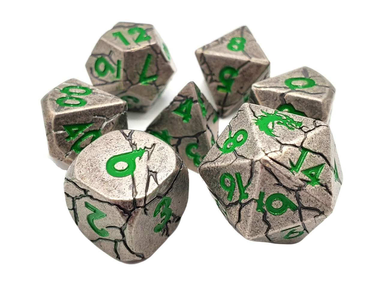 Old School 7 Piece DnD RPG Metal Dice Set: Orc Forged - Ancient Silver w/ Green