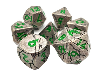 Old School 7 Piece DnD RPG Metal Dice Set: Orc Forged - Ancient Silver w/ Green