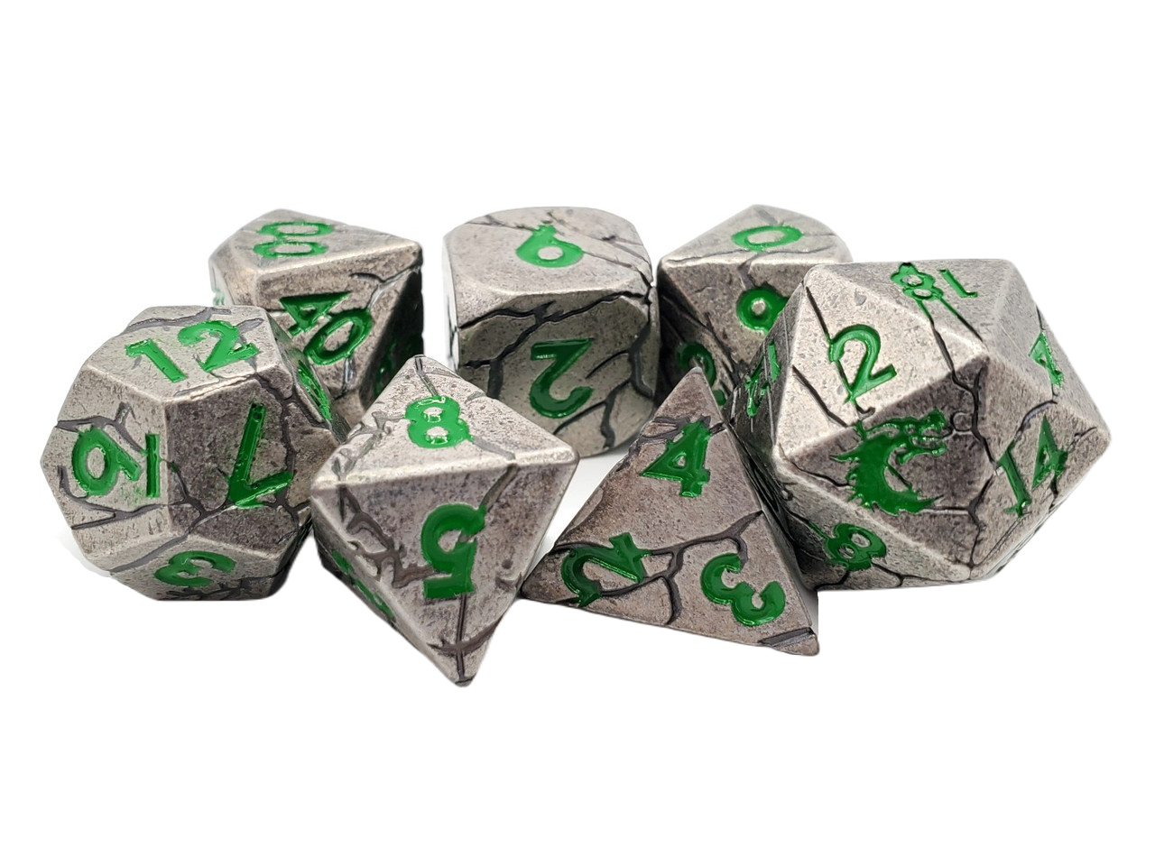 Old School 7 Piece DnD RPG Metal Dice Set: Orc Forged - Ancient Silver w/ Green