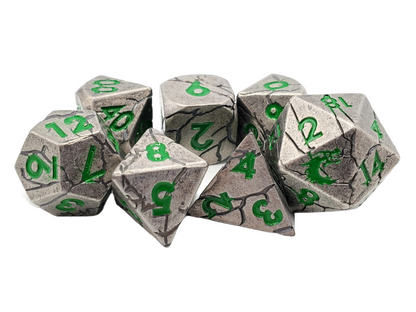 Old School 7 Piece DnD RPG Metal Dice Set: Orc Forged - Ancient Silver w/ Green