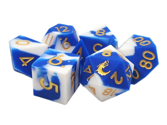Old School Dice: Silicone 7-Piece Sets - Blue & White w/ Gold