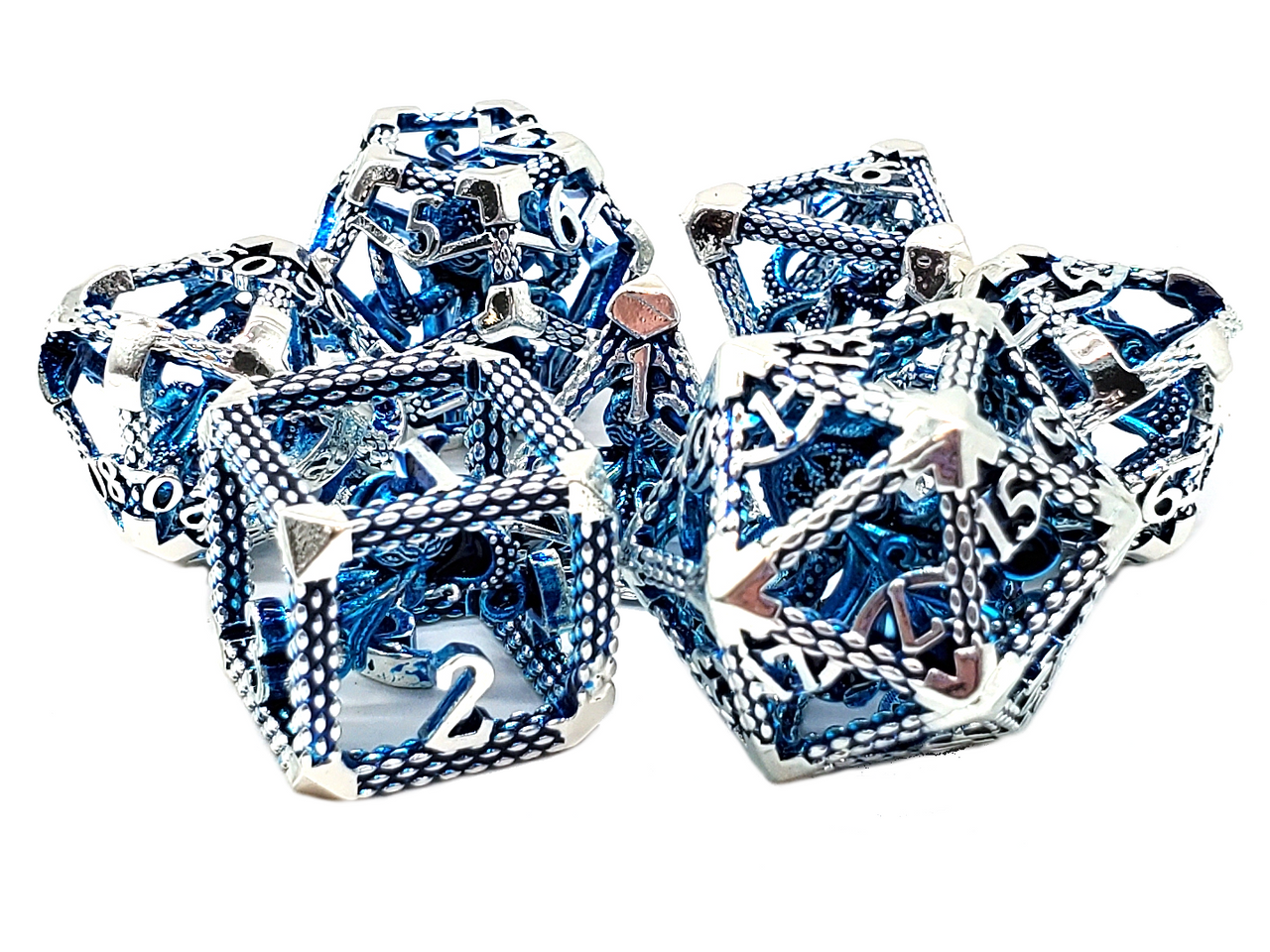 Old School Dice: Hollow Metal 7-Piece Set - The Kraken - Silver w/ Blue