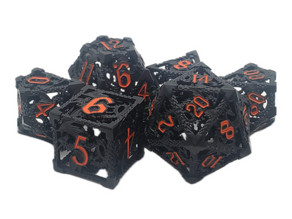 Old School Dice: Hollow Metal 7-Piece Set - Dragon - Black w/ Orange