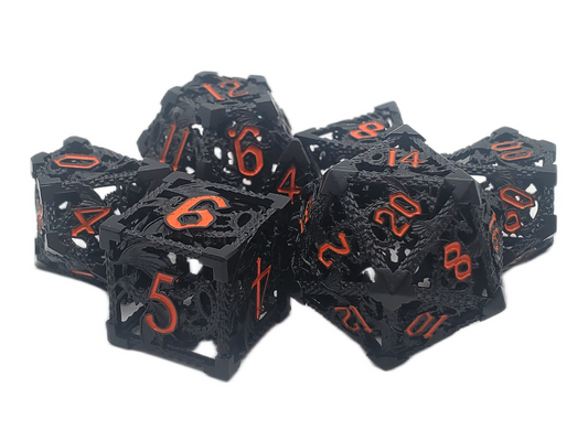 Old School Dice: Hollow Metal 7-Piece Set - Dragon - Black w/ Orange