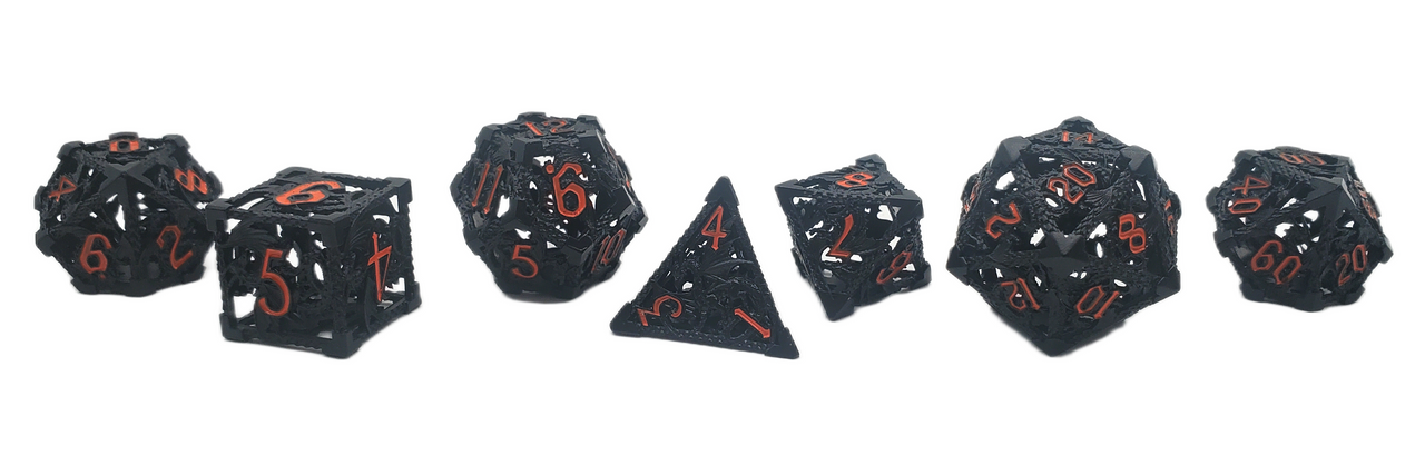 Old School Dice: Hollow Metal 7-Piece Set - Dragon - Black w/ Orange