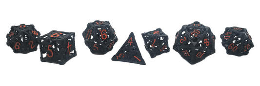 Old School Dice: Hollow Metal 7-Piece Set - Dragon - Black w/ Orange