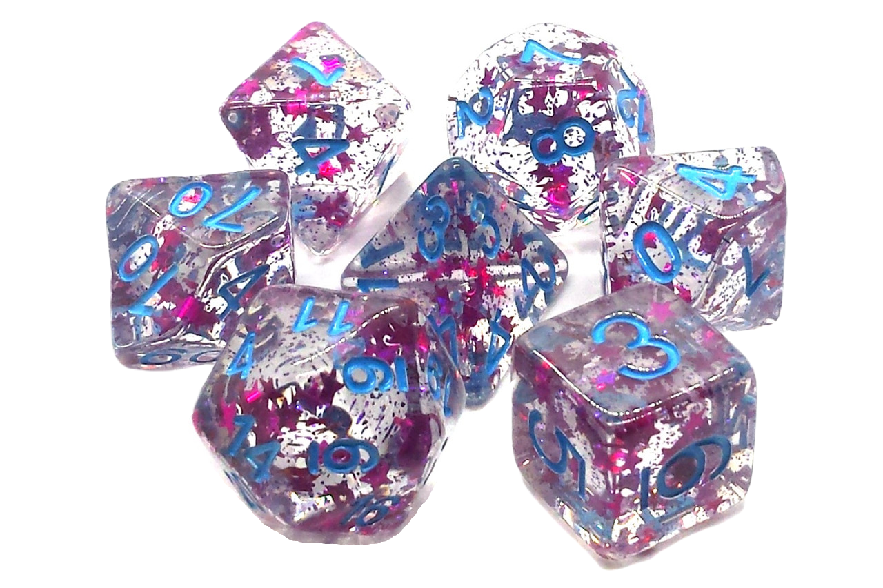 7 Piece DnD RPG Dice Set: Infused - Red Stars w/ Blue