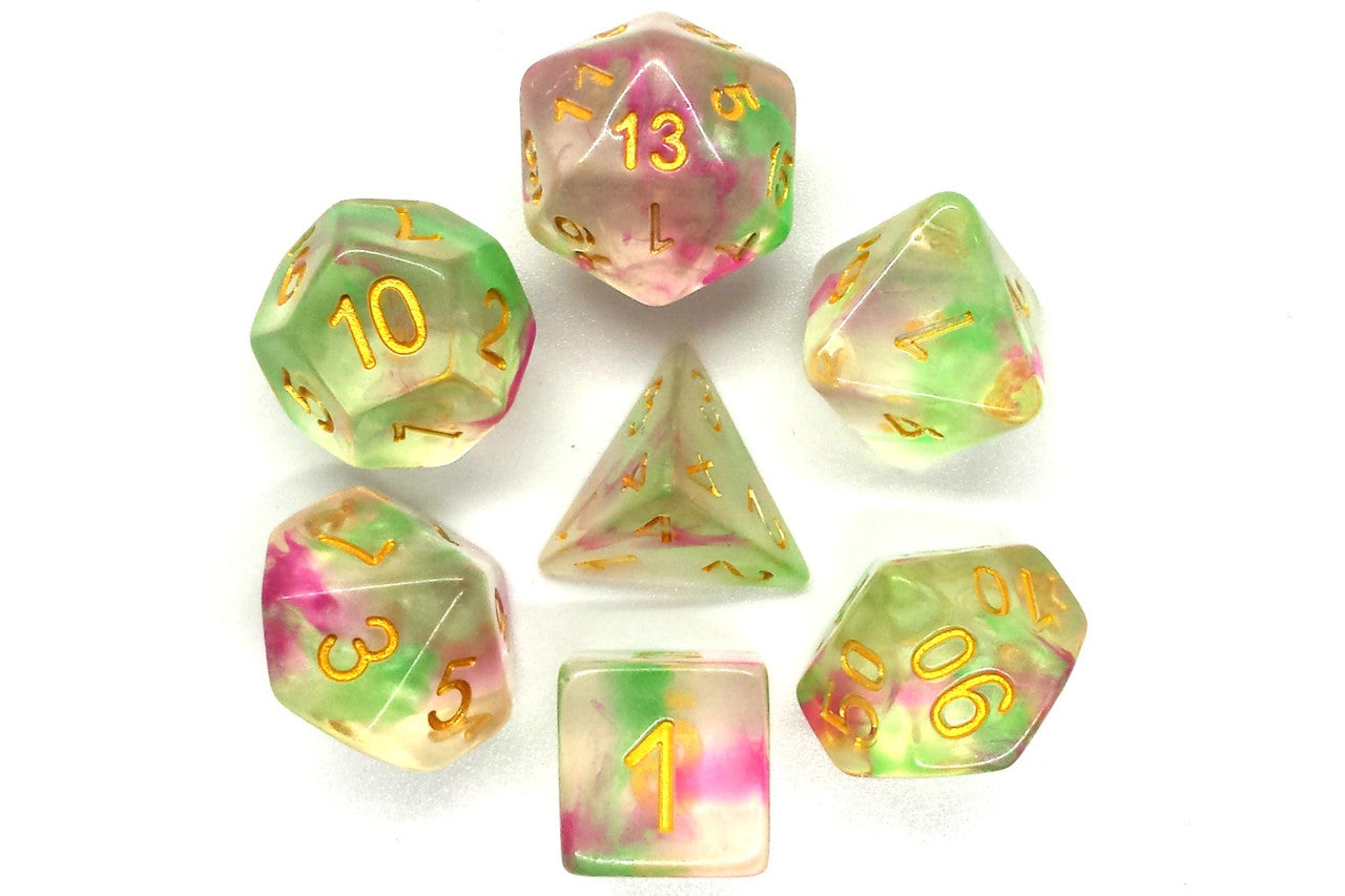 7 Piece DnD RPG Dice Set: Nebula - Rose Red & Green