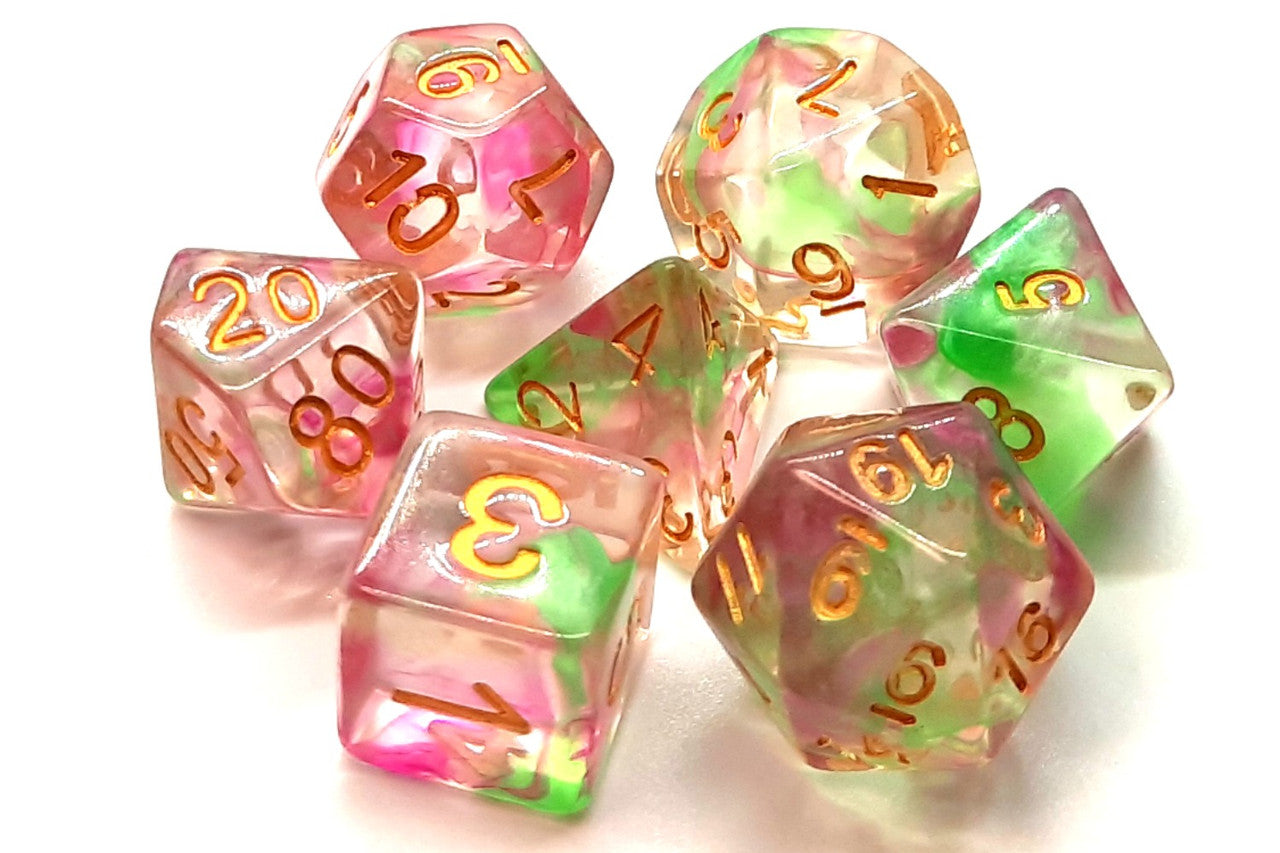 7 Piece DnD RPG Dice Set: Nebula - Rose Red & Green