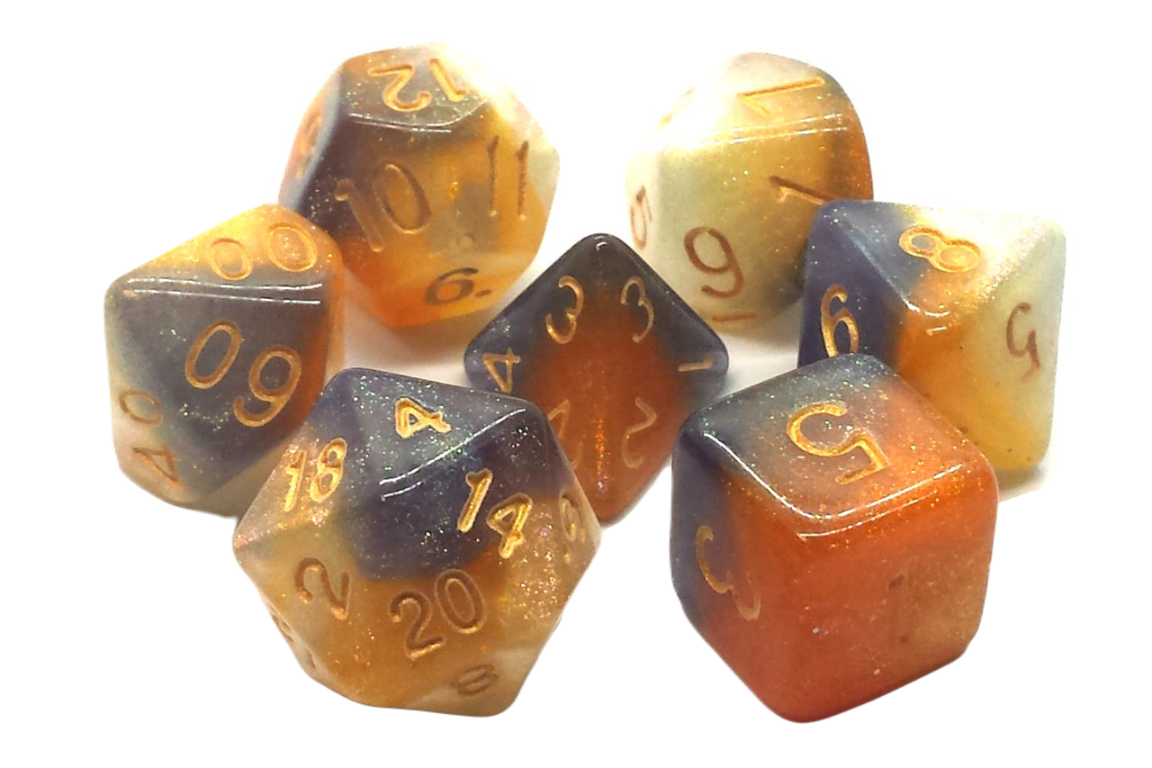 7 Piece DnD RPG Dice Set: Galaxy - Black, Orange, & Ivory