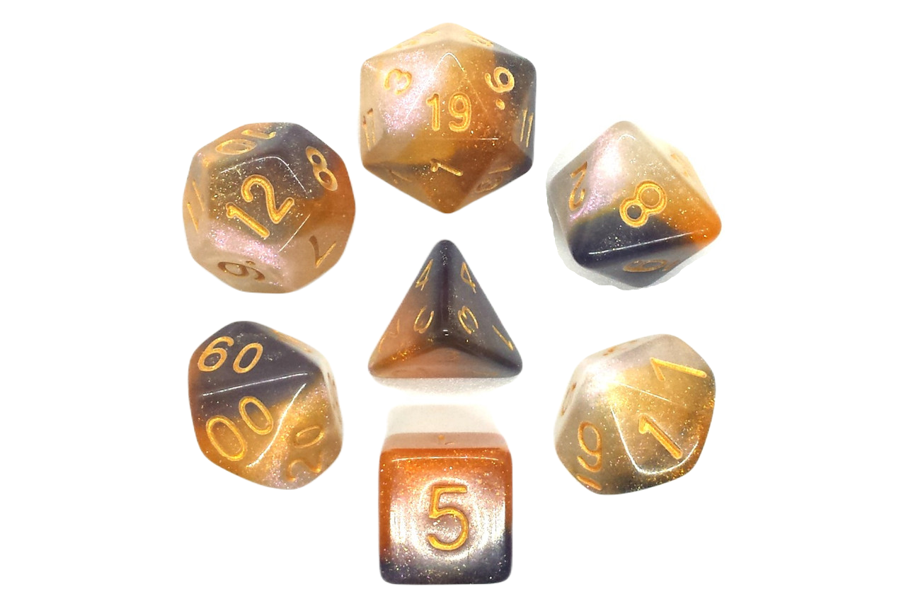 7 Piece DnD RPG Dice Set: Galaxy - Black, Orange, & Ivory