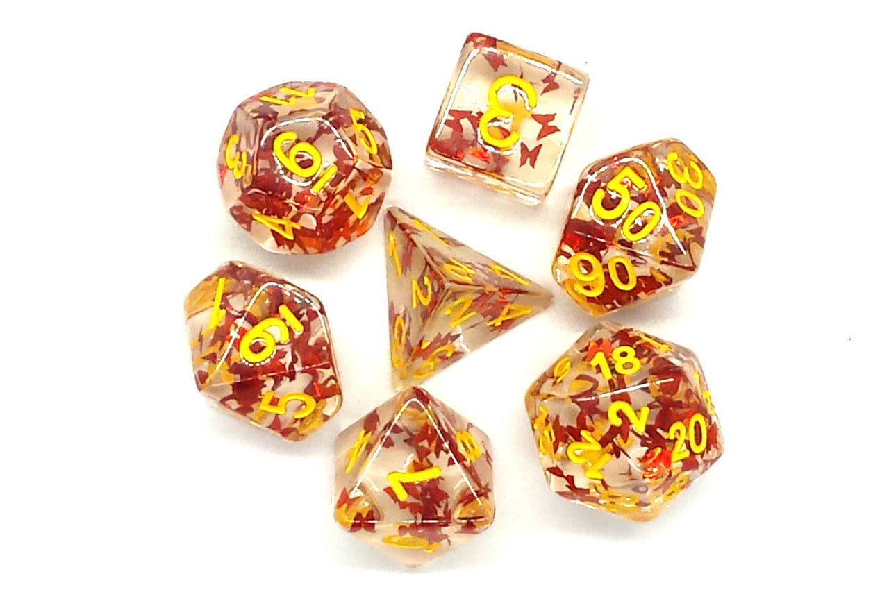 7 Piece DnD RPG Dice Set: Infused - Orange Butterfly w/ Yellow