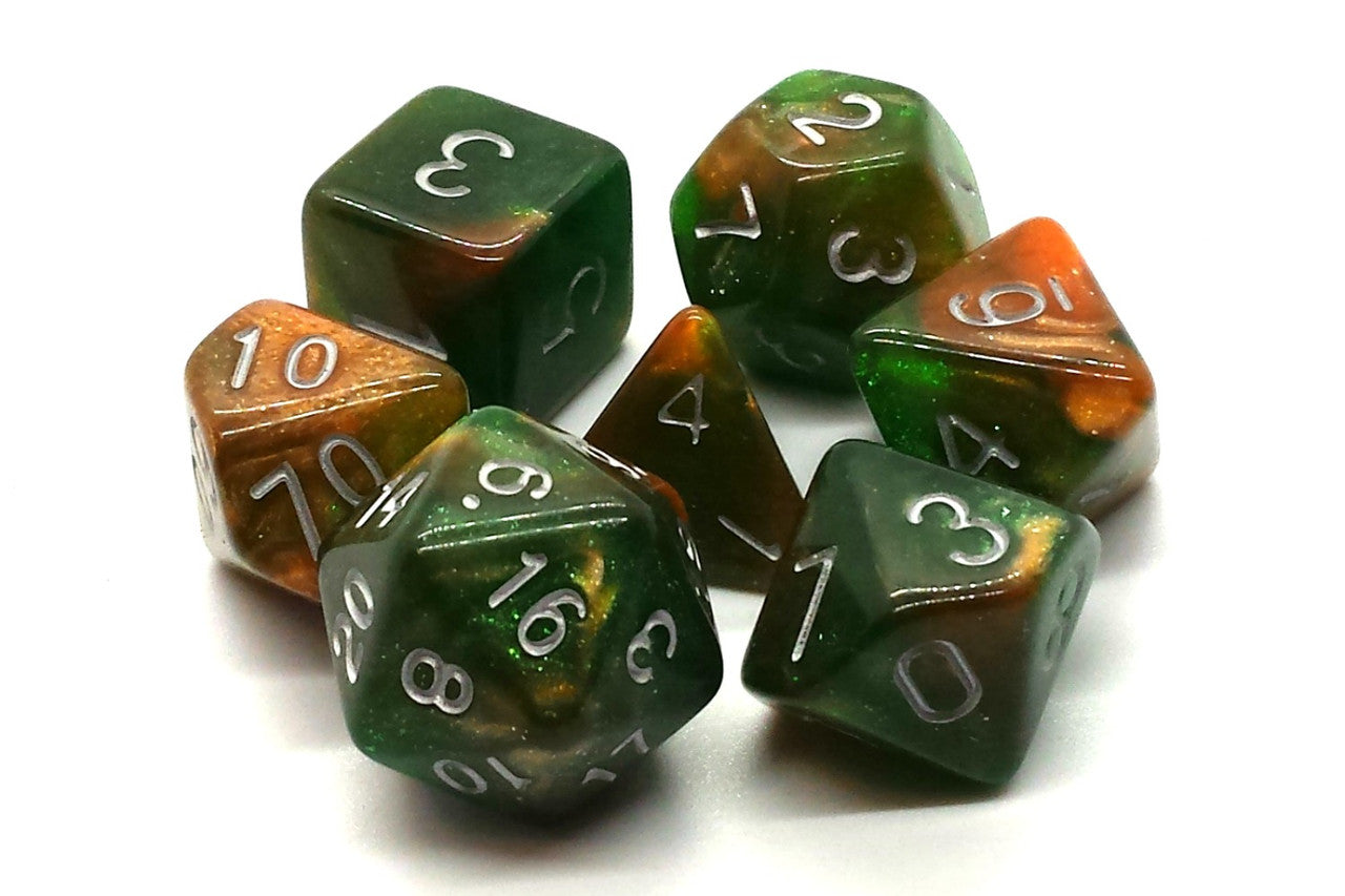 7 Piece DnD RPG Dice Set: Galaxy - Emerald & Orange