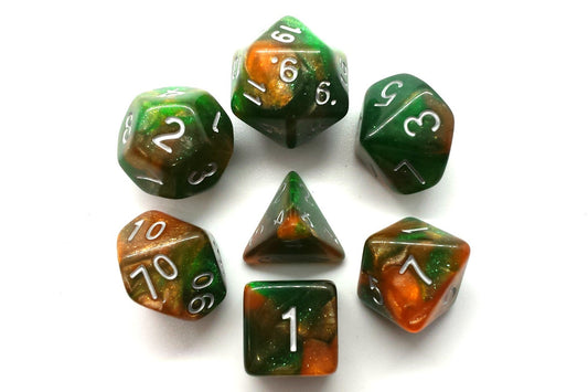 7 Piece DnD RPG Dice Set: Galaxy - Emerald & Orange