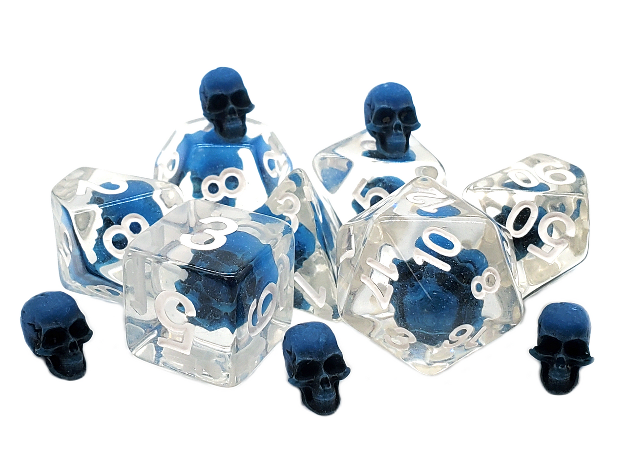 7 Piece DnD RPG Dice Set: Infused - Skull Blue w/ White