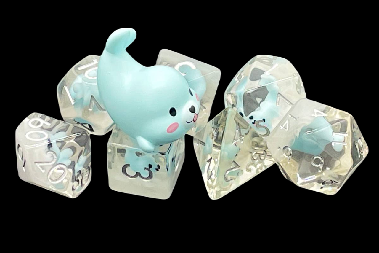 7 Piece DnD RPG Dice Set: Animal Kingdom - Baby Seal - Light Blue