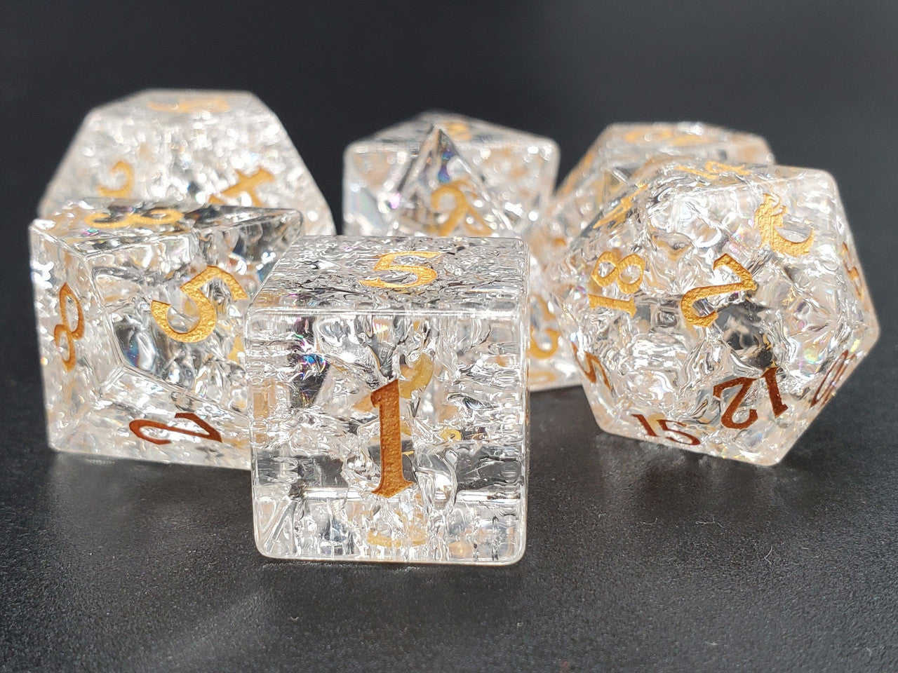 Old School Dice: Gemstone 7-Piece Set - Blast Glass - Moonstone w/ Gold