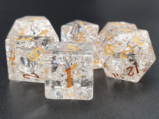 Old School Dice: Gemstone 7-Piece Set - Blast Glass - Moonstone w/ Gold