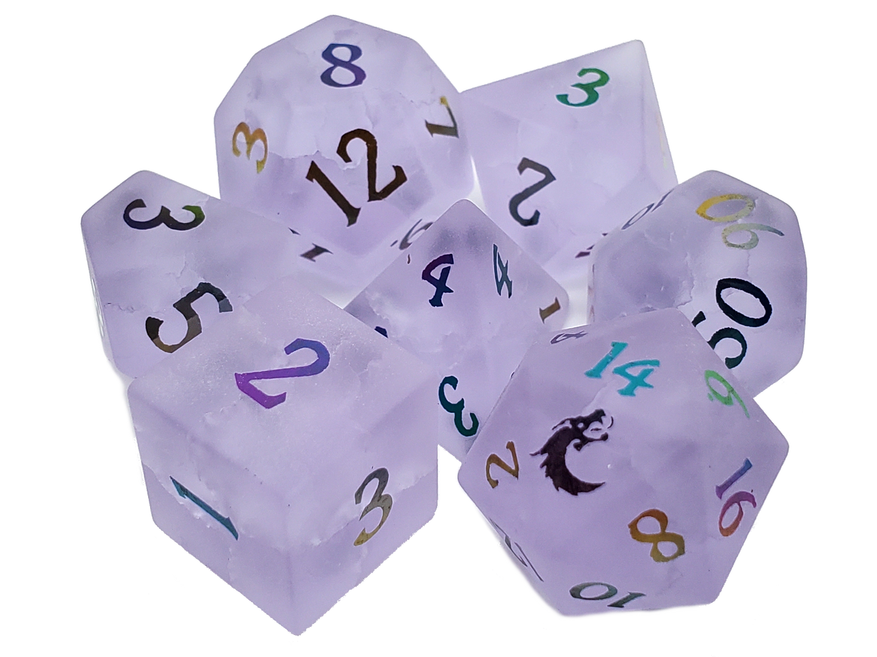Old School Dice: Gemstone 7-Piece Set - Frosted Blast Glass - Amethyst w/ Spectral