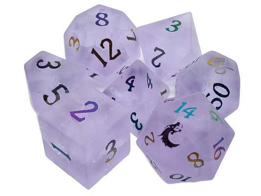 Old School Dice: Gemstone 7-Piece Set - Frosted Blast Glass - Amethyst w/ Spectral