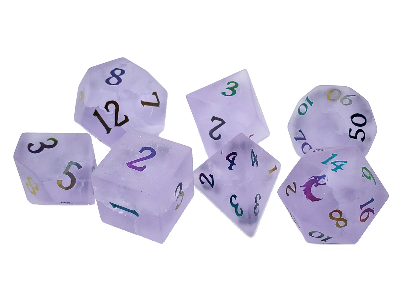 Old School Dice: Gemstone 7-Piece Set - Frosted Blast Glass - Amethyst w/ Spectral