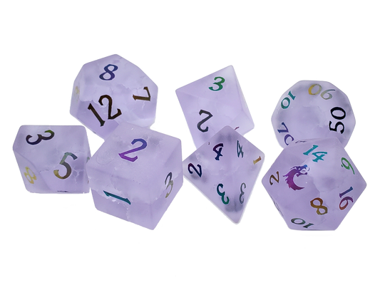 Old School Dice: Gemstone 7-Piece Set - Frosted Blast Glass - Amethyst w/ Spectral