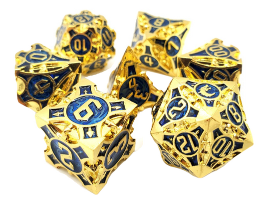 Old School 7 Piece DnD RPG Metal Dice Set: Gnome Forged - Gold w/ Blue