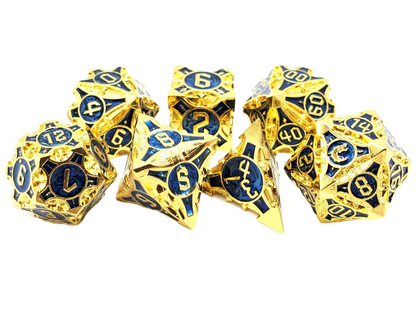 Old School 7 Piece DnD RPG Metal Dice Set: Gnome Forged - Gold w/ Blue