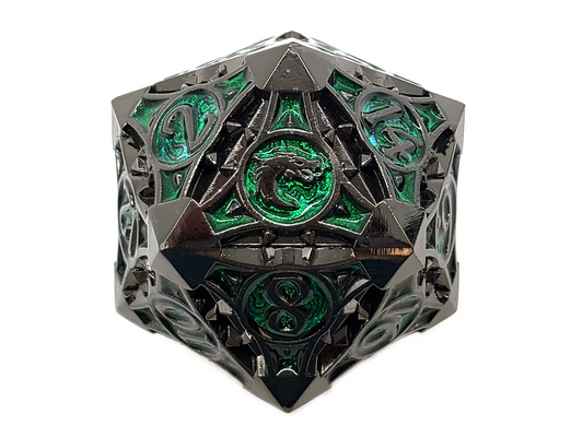 Old School Dice: Metal 40mm D20 - Gnome Forged - Black Nickel w/ Green
