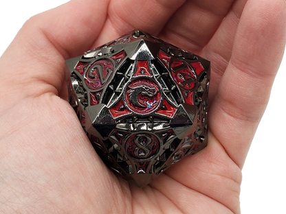Old School Dice: Metal 40mm D20 - Gnome Forged - Black Nickel w/ Red