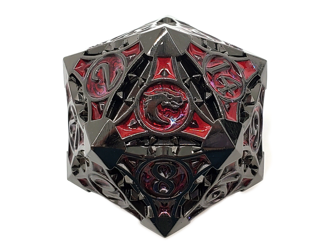 Old School Dice: Metal 40mm D20 - Gnome Forged - Black Nickel w/ Red